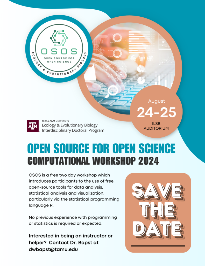 Welcome to EEB's page for our popular Open Source for Open Science (OSOS) workshop. This year's workshop is August 24-25 in the ILSB Auditorium. Stay tuned for more information!